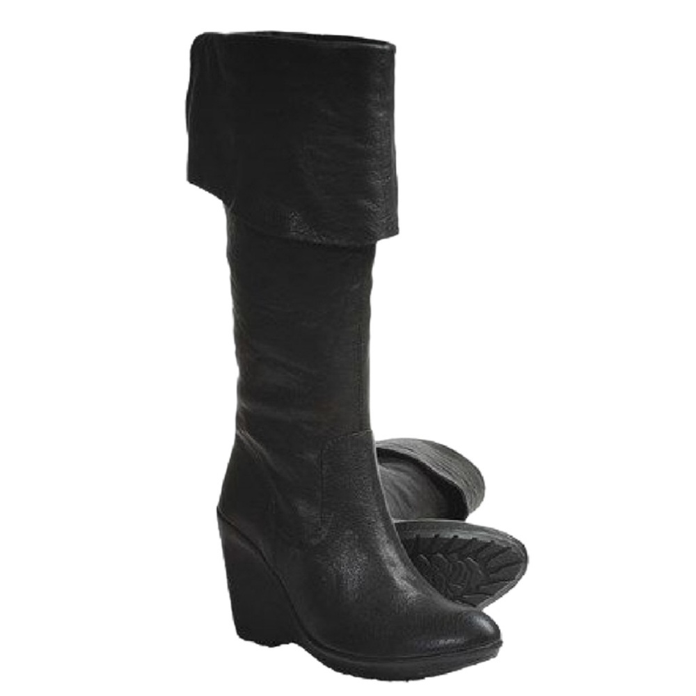 Kork-Ease Adrianne Black leather high knee Tall Fold over wedge boots size 8.5